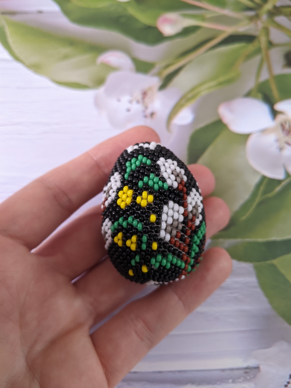 Handmade Beaded Black Floral Easter Egg Ornament - Green, Yellow, White